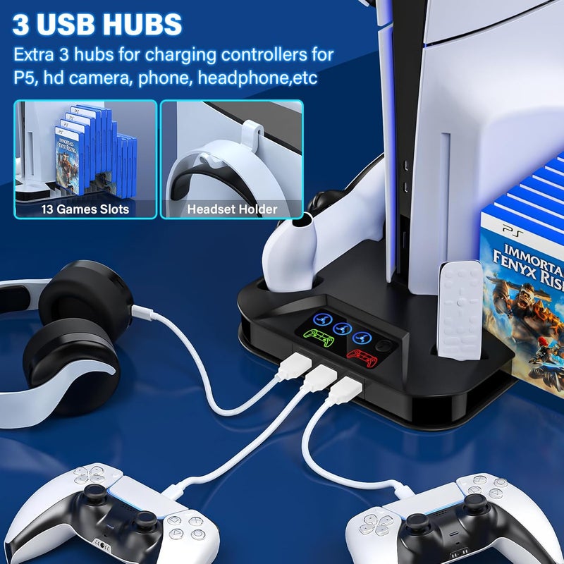 RJAD PS5 / PS5 Slim Cooling Station with Controller Charging Station for PlayStation 5 Console Disc/Digital, Cooling Stand for PlayStation 5 Slim with Cooler Fan Accessories with 3 USB Hubs/Headset Holder - Image 4